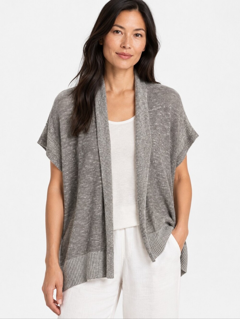 Eileen Fisher Organic Linen Cotton Open Front Cardigan Gray XXS